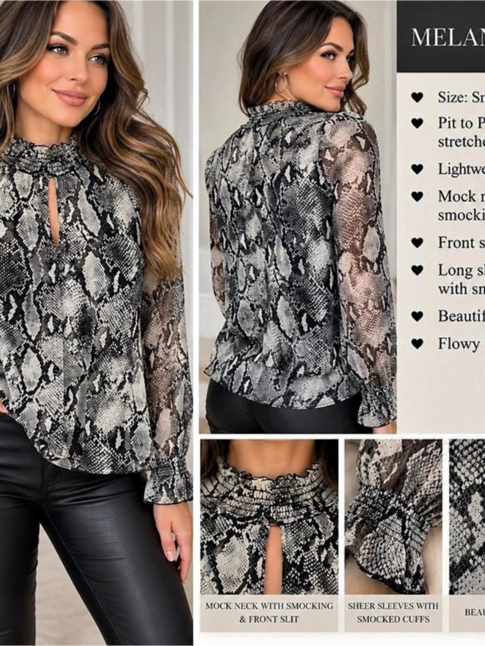 Melani Line Snake Print Mock Neck Blouse in Gray & Black Size Small
